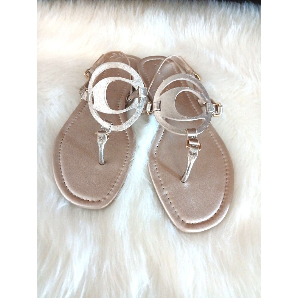 NWOT COACH WOMEN'S 9.5 JERI PATENT LEATHER SOFT METALLIC GOLD LOGO THONG SANDALS - Picture 1 of 10